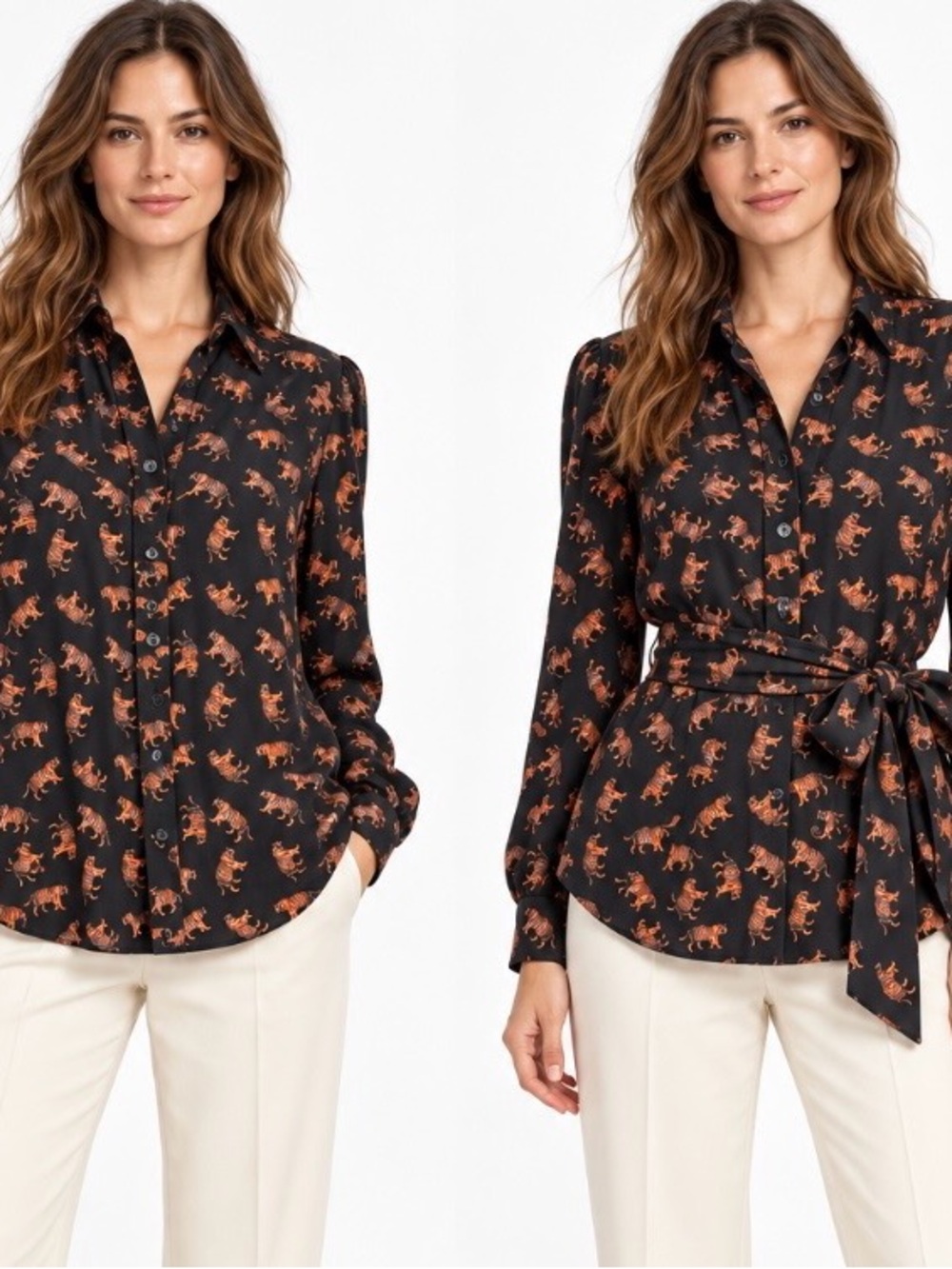 Emerson Fry Frankie Blouse Small Black Tiger Print Button Front Removal Tie/Sash